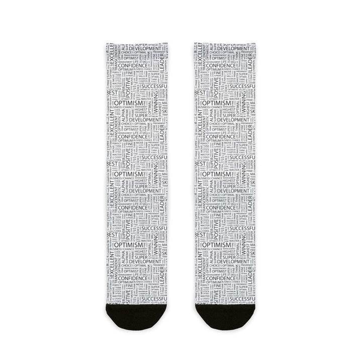 Pair of crew socks with positive motivational words printed