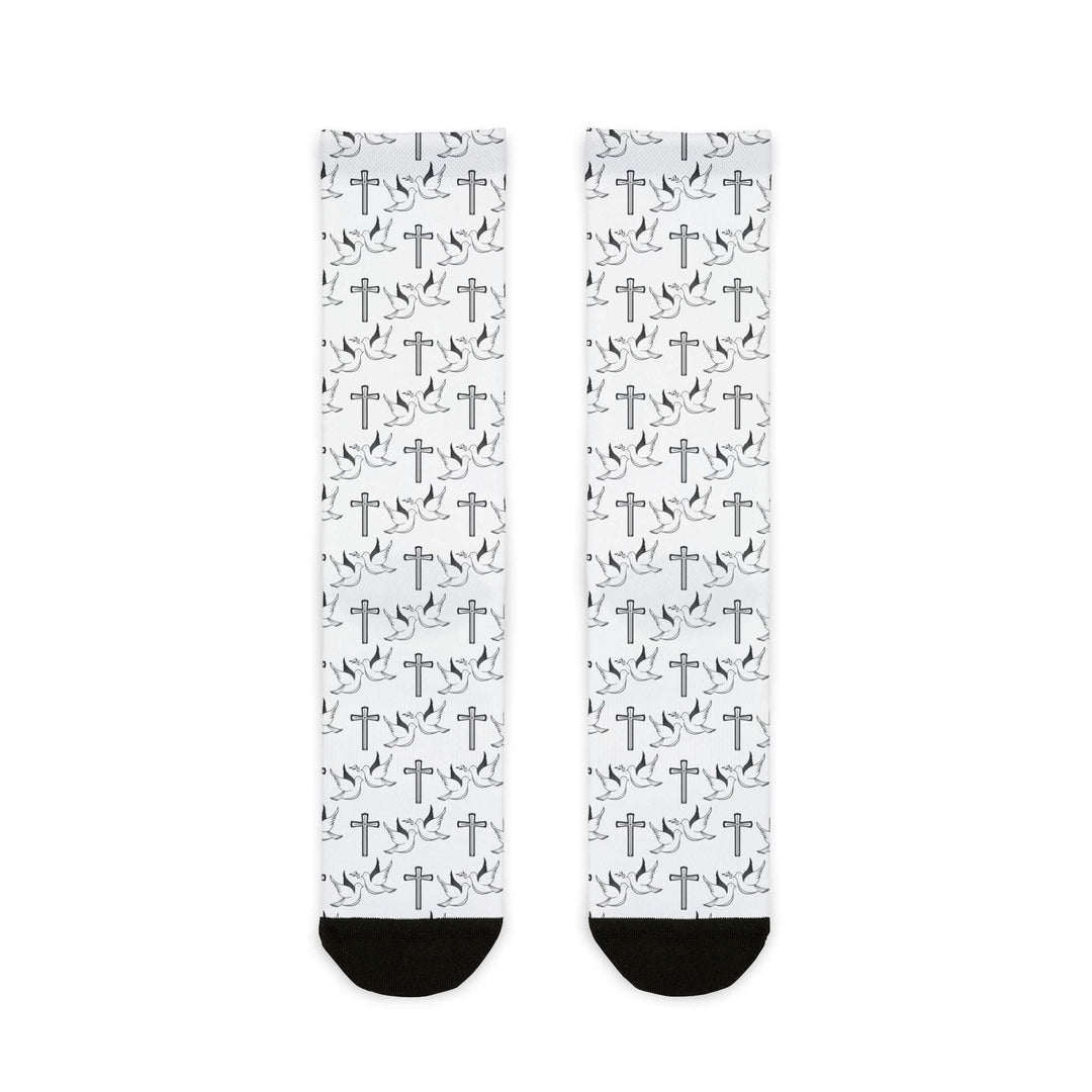Pair of white crew socks with black heel