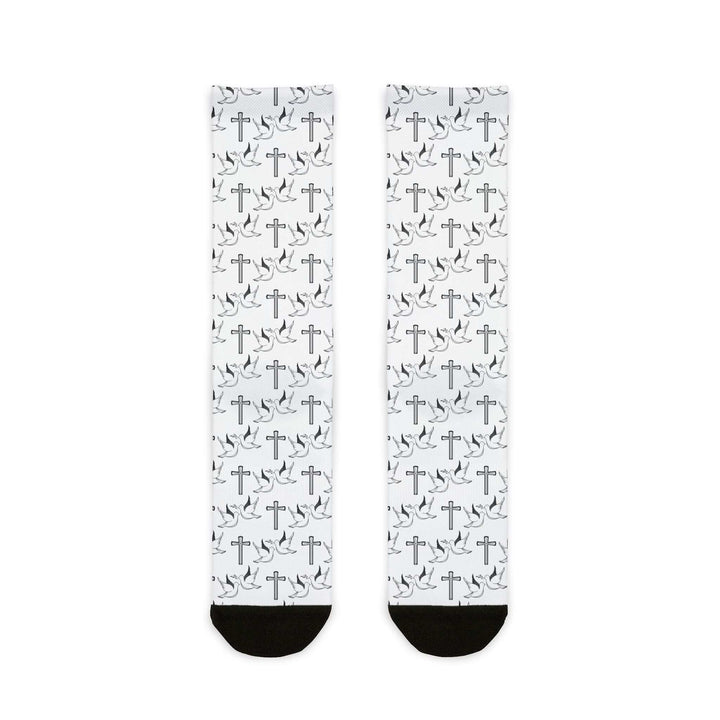 Pair of white crew socks with black heel