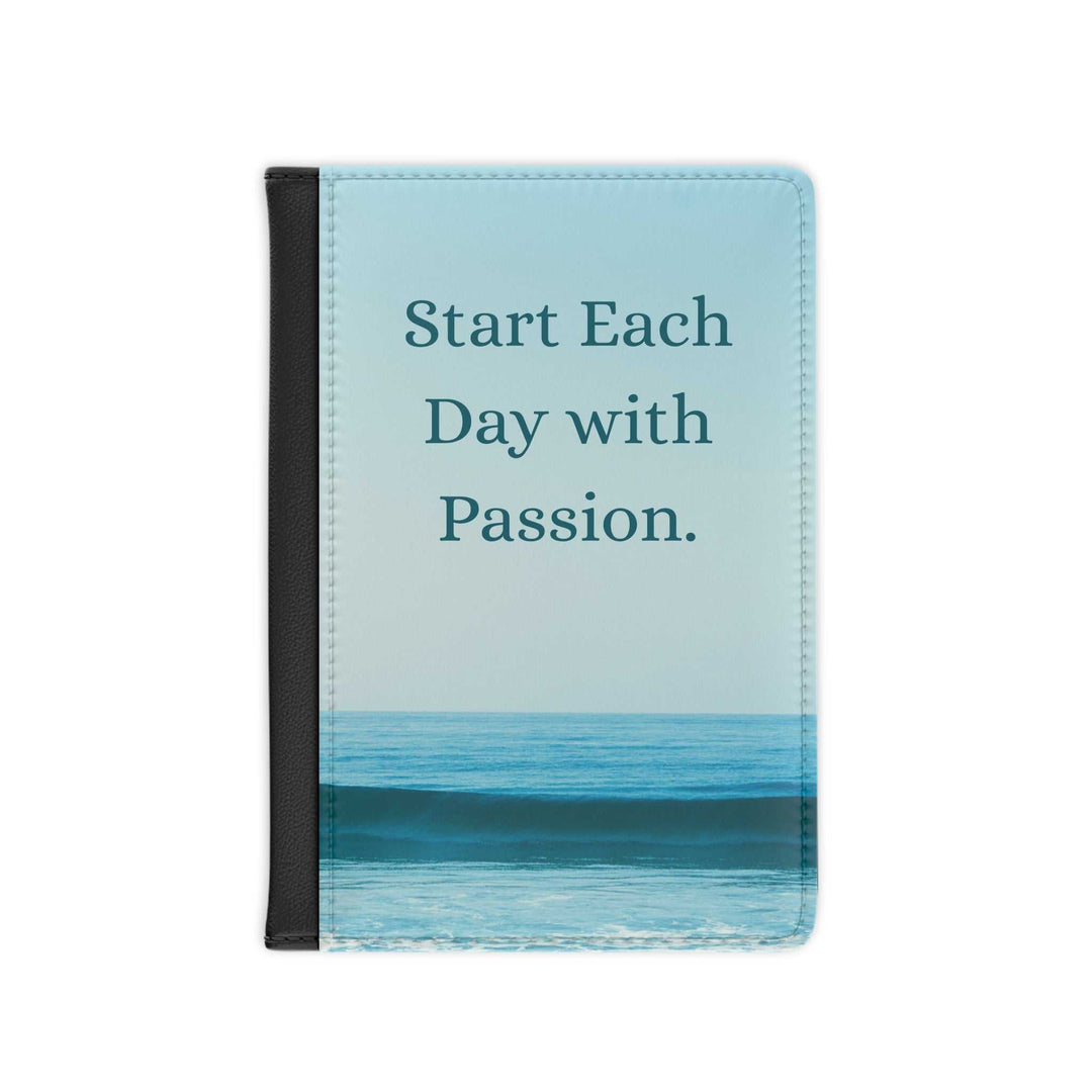 Passport cover with ocean wave design and "Start Each Day with Passion" text, made of black PU faux leather with RFID blocking and inner pockets.