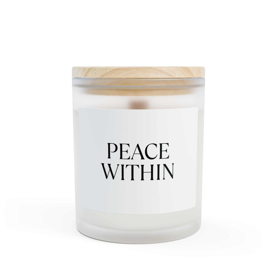 Frosted glass candle with wooden lid labeled "Peace Within," made from coconut soy wax blend.