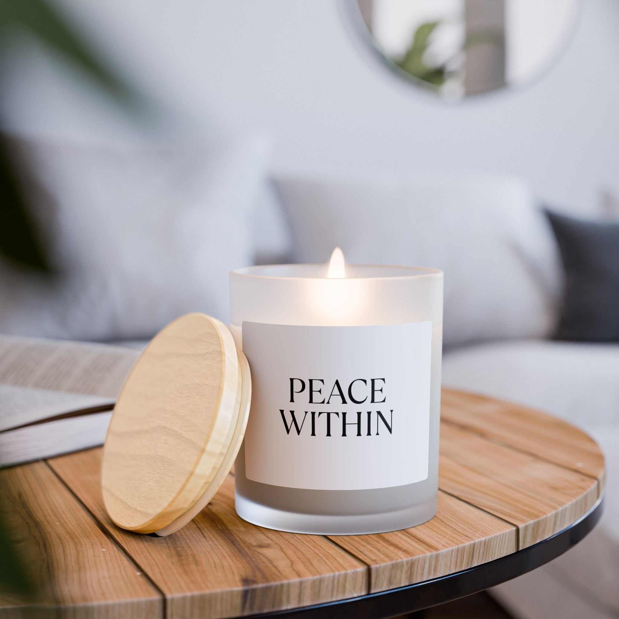 Peace Within glass candle with wooden wick, frosted 11oz vessel, coconut soy wax blend, 50-hour burn time, calming ambiance