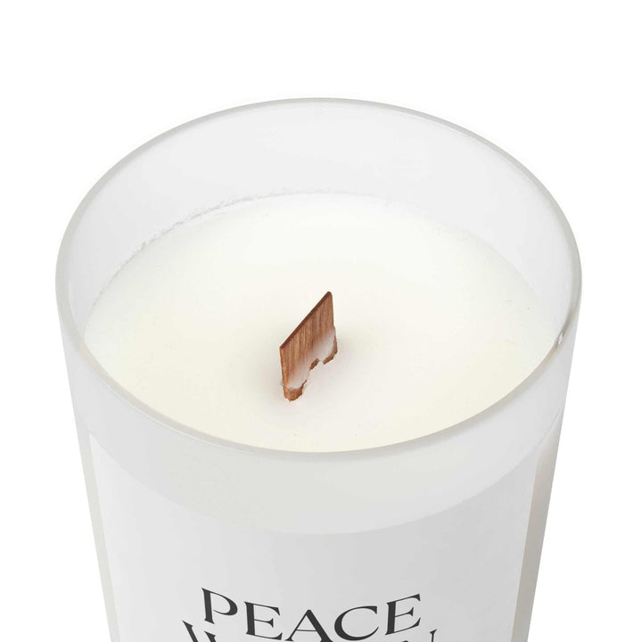 White Peace Within glass candle with wooden wick and glossy label