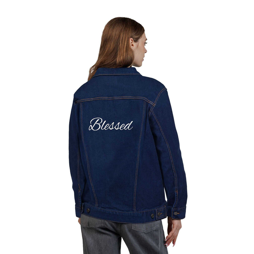 Back view of a woman wearing a dark blue denim jacket with the word "Blessed" embroidered on the back.