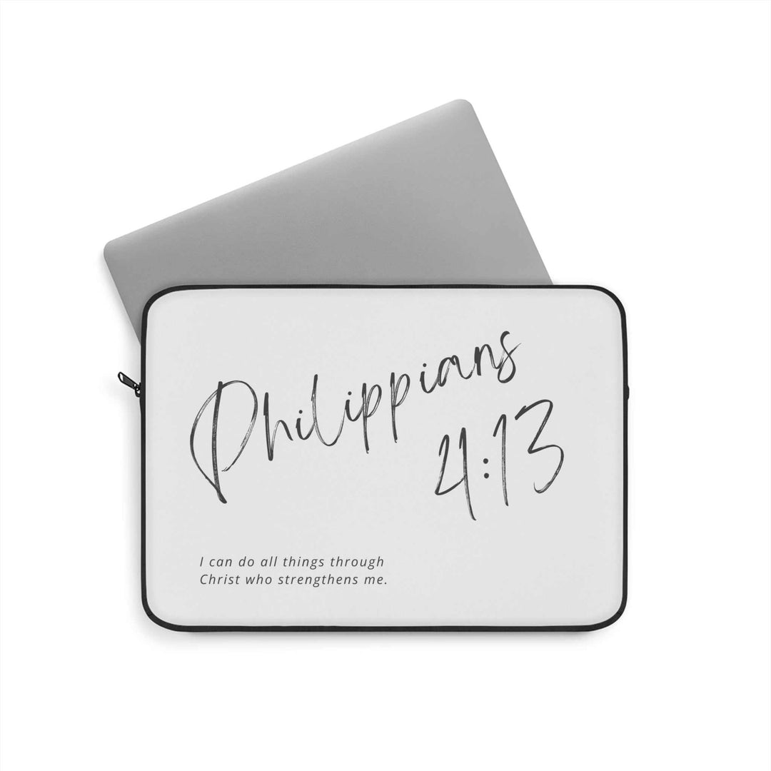 Philippians 4:13 laptop sleeve with black edges and zipper