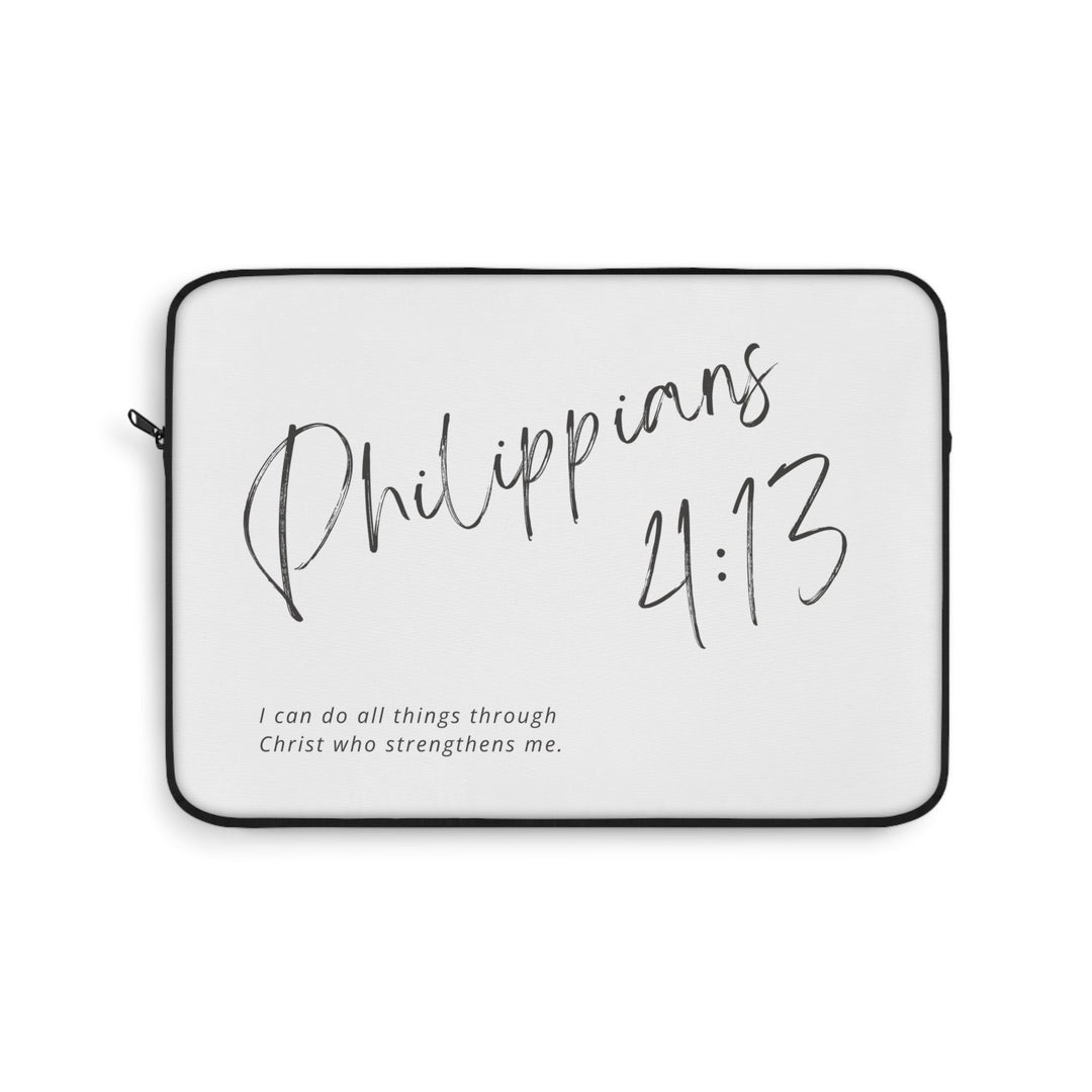 Philippians 4:13 laptop sleeve with inspirational Bible verse text