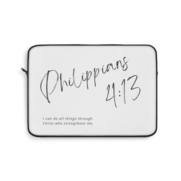 Philippians 4:13 laptop sleeve with inspirational Bible verse text