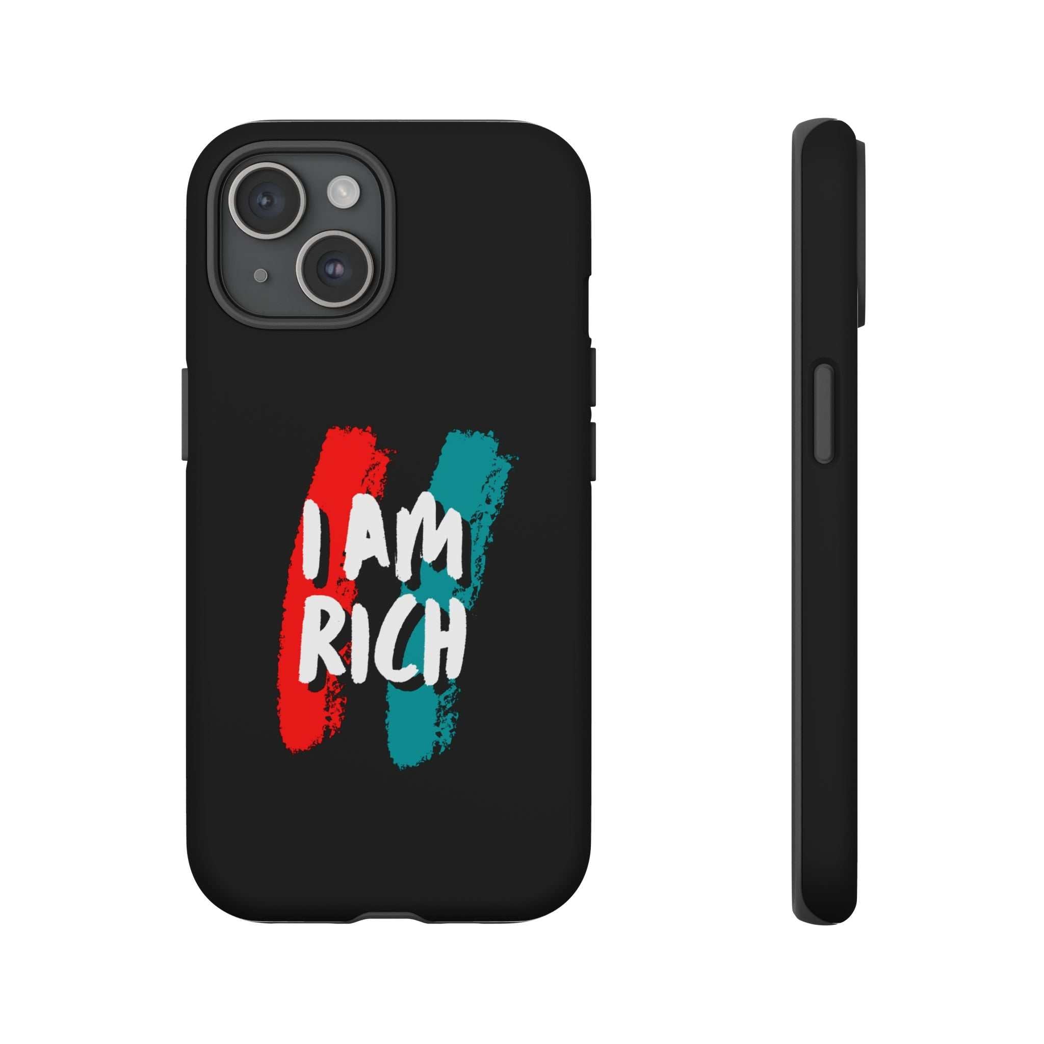 Black I Am Rich phone case with red and teal brush stroke design and white text, durable dual-layer protection, matte finish, and wireless charging support.