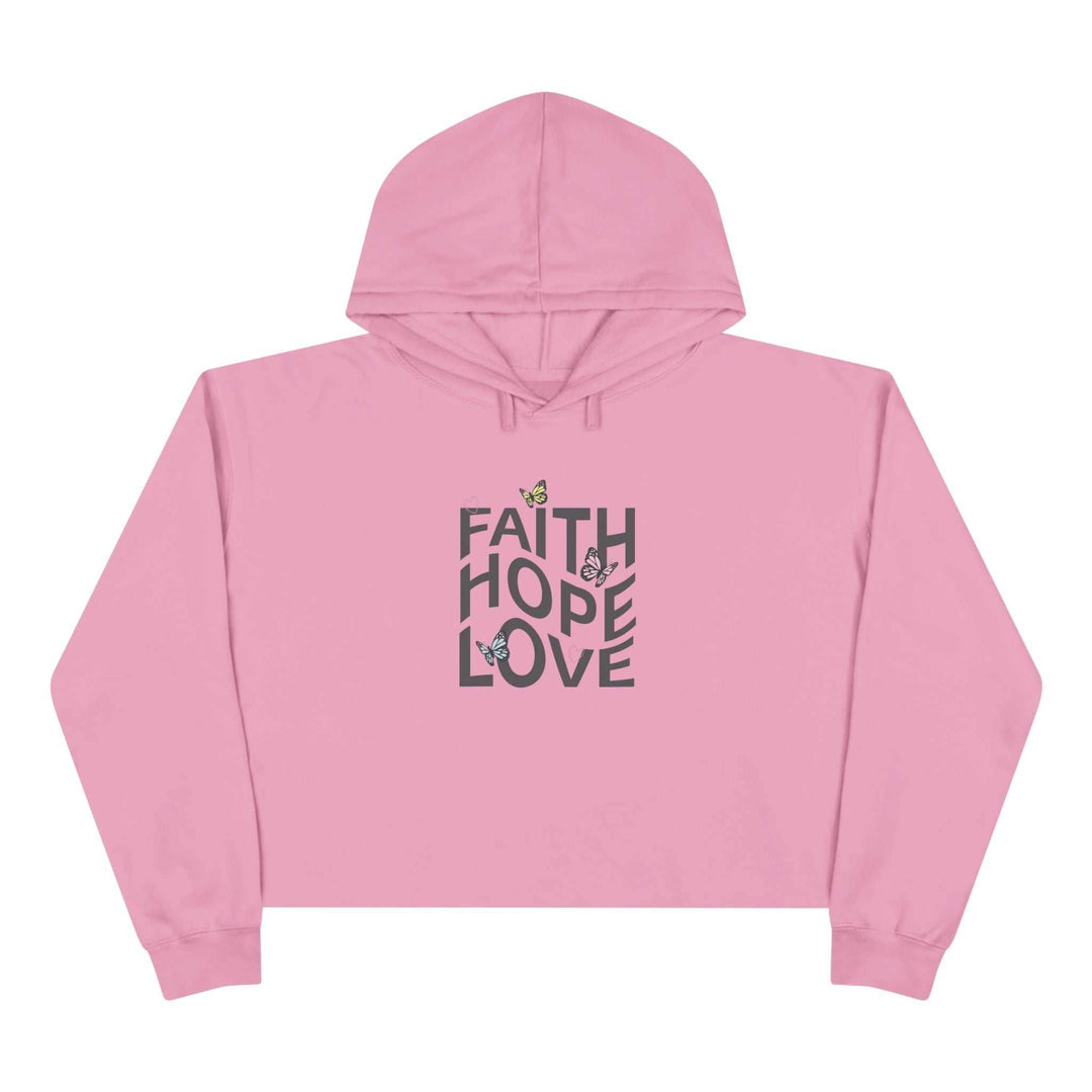 Pink Faith Hope Crop Hoodie with floral text design and relaxed fit