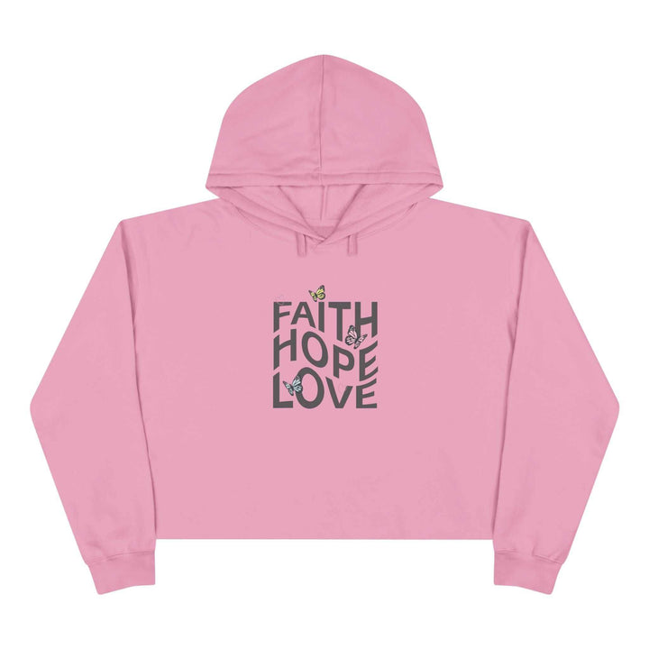 Pink Faith Hope Crop Hoodie with floral text design and relaxed fit