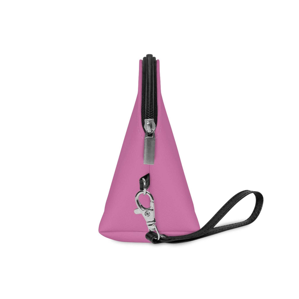 Pink triangular makeup bag with black detachable strap and zipper closure