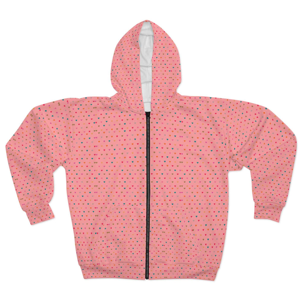 Pink hearts pattern zip hoodie with black zipper and roomy hood