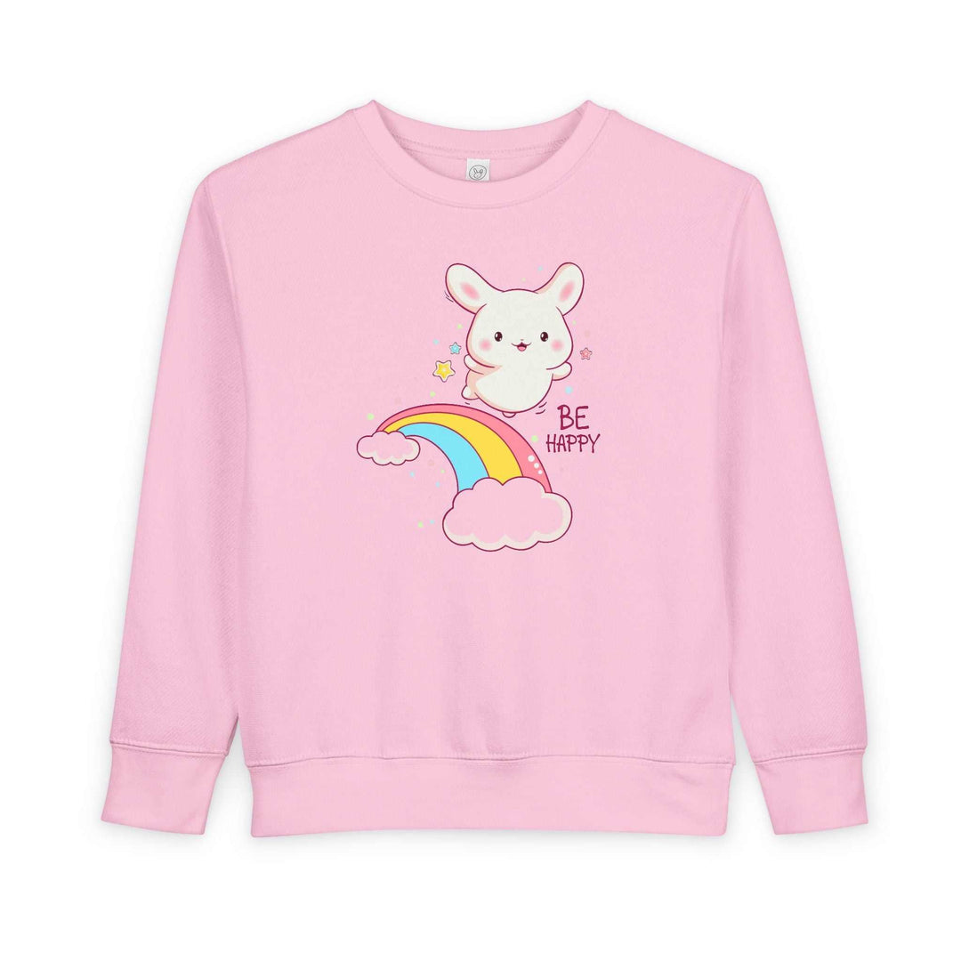 Pink toddler sweatshirt with cute bunny, and "Be Happy" text