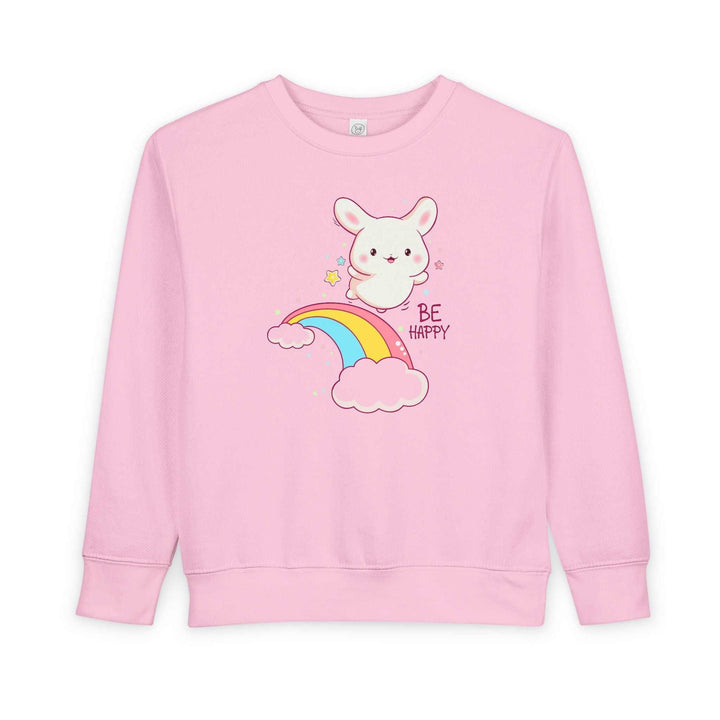 Pink toddler sweatshirt with cute bunny, and "Be Happy" text