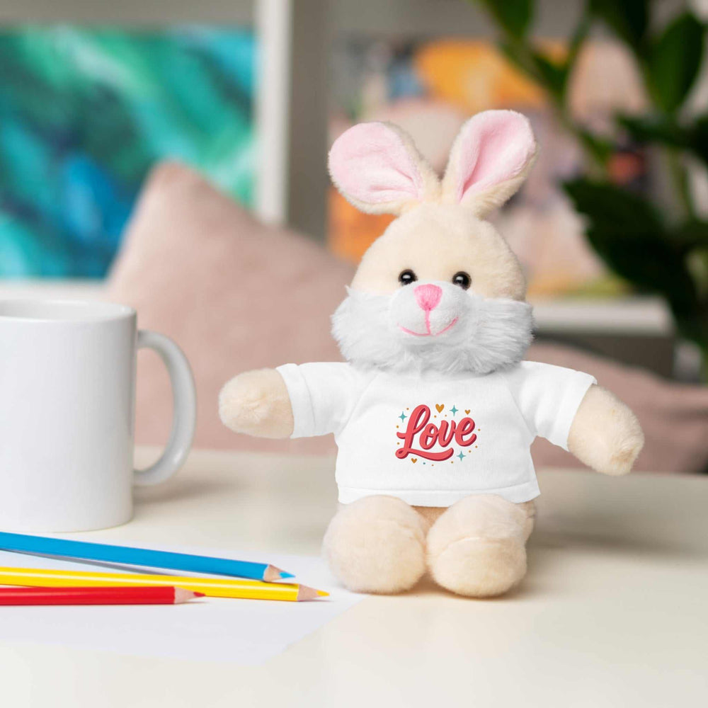 Plush bunny stuffed animal wearing a white Love Stuffed Animal Tee