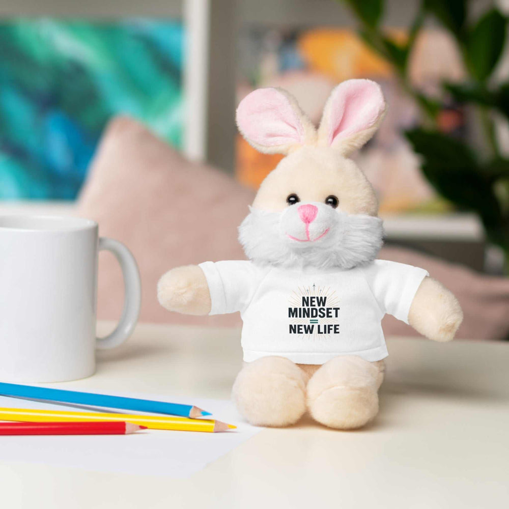 Plush bunny stuffed animal wearing a white cotton tee