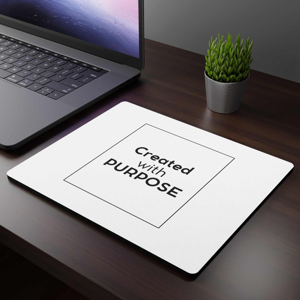 White Purpose Driven mouse pad with motivational quote "Created with PURPOSE" on dark wooden desk next to laptop and small potted plant