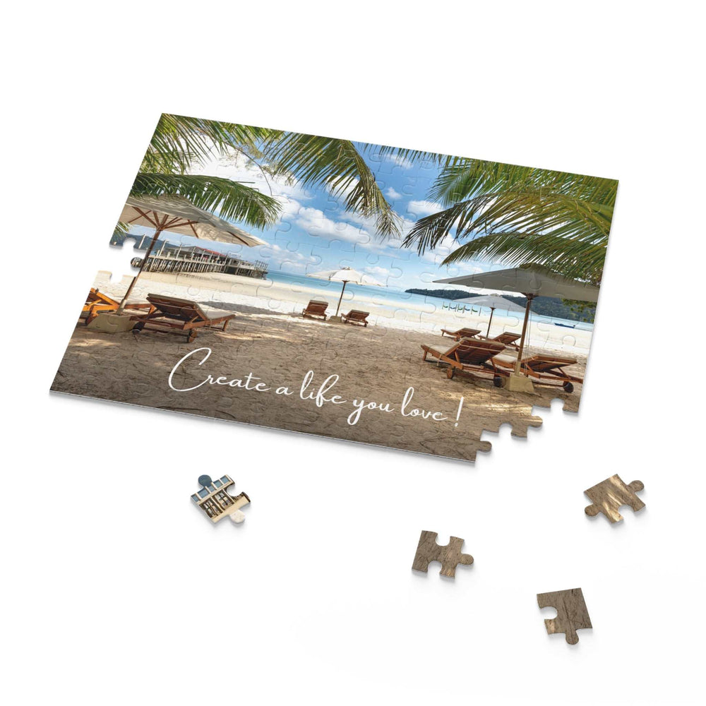 Puzzle featuring a beach scene with palm trees and lounge chairs