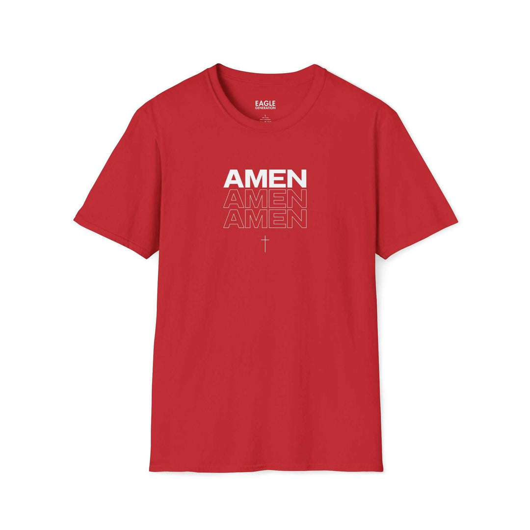 Red Amen T-shirt with repeated text design and cross symbol, 100% cotton, classic fit, tear-away label