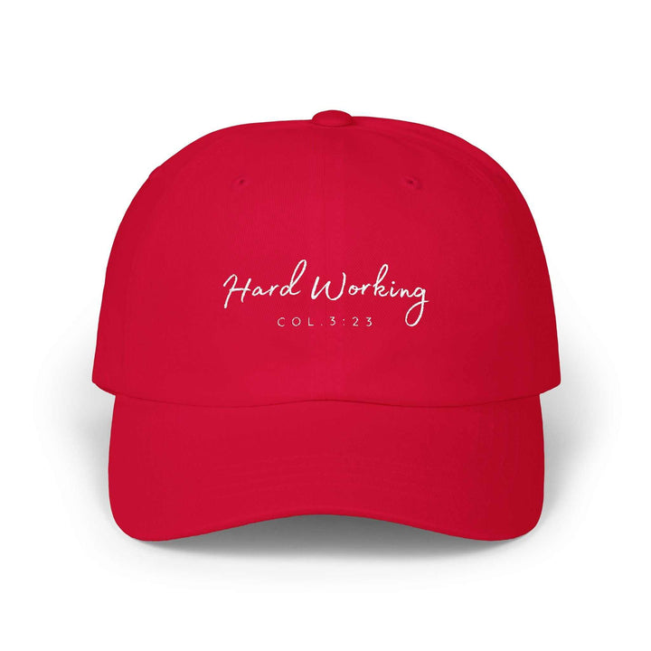 Red Colossians 323 Cap with "Hard Working" embroidery