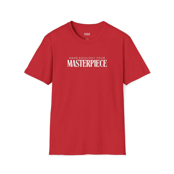 Red Daily Masterpiece T-Shirt with "Make Each Day Your Masterpiece" text, 100% cotton, classic fit