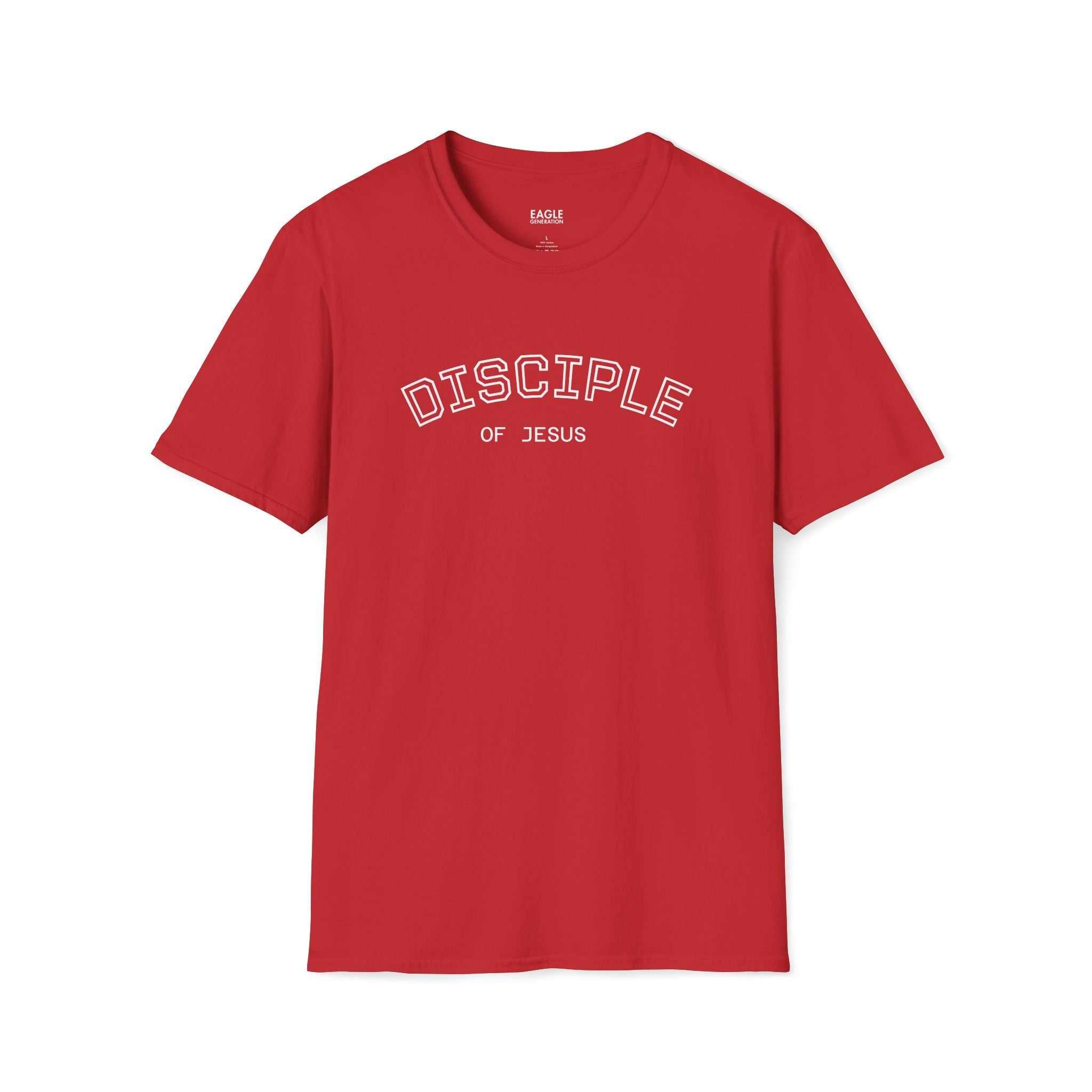 Red Disciple of Jesus T-Shirt with white text, 100% cotton, classic fit, tear-away label.