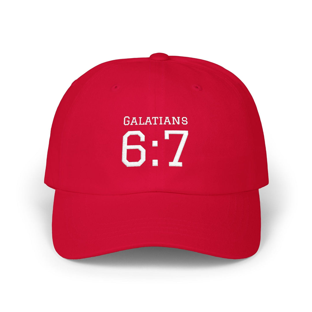 Red Galatians 6:7 cap with adjustable antique brass buckle