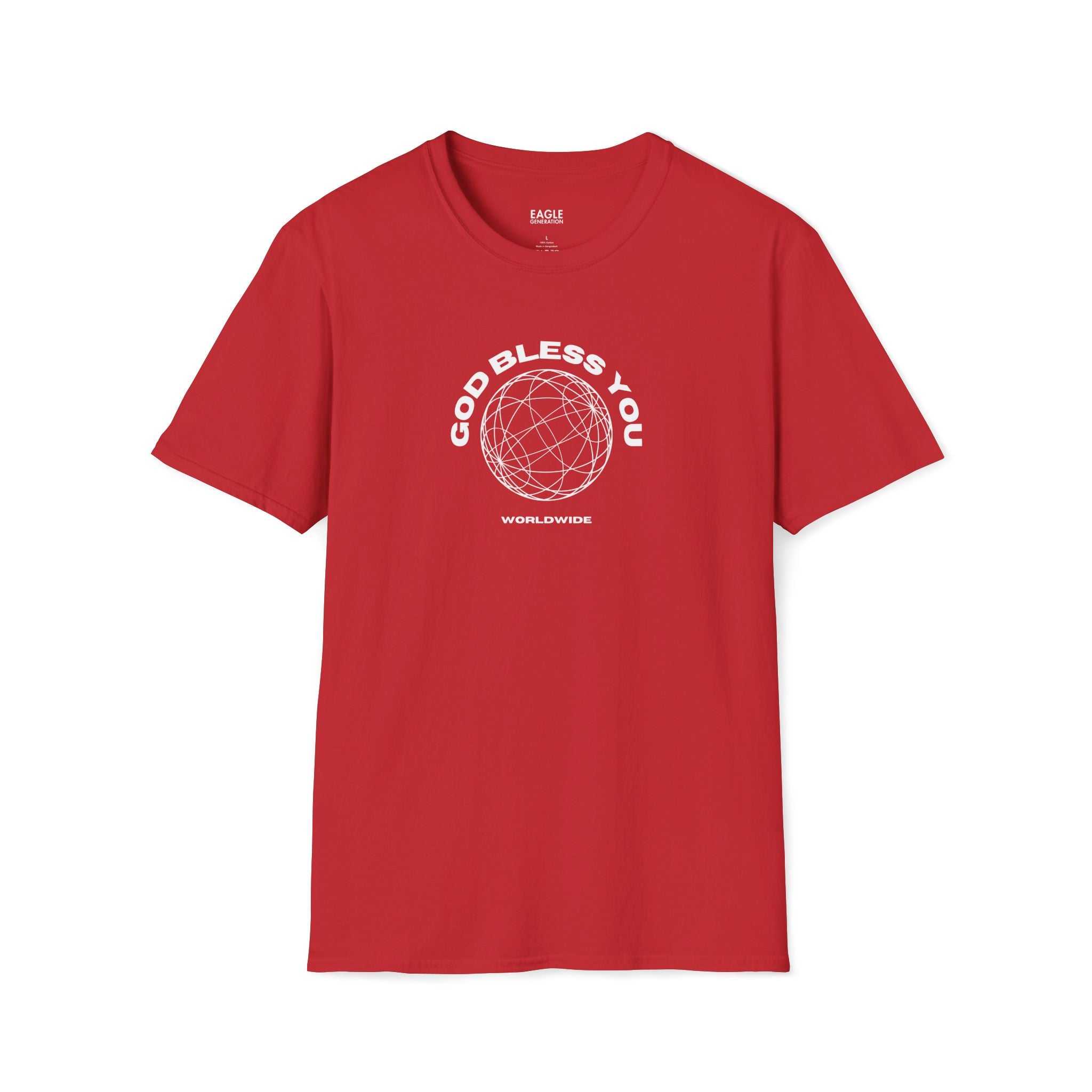 Red God Bless You T-Shirt with white circular globe design