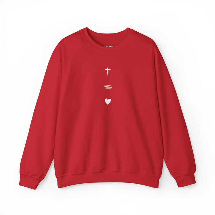 Red God Is Love sweatshirt with white cross and heart design
