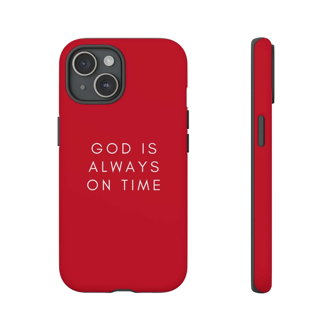Red phone case with "God is always on time" text, durable dual-layer protection, matte finish, supports wireless charging.