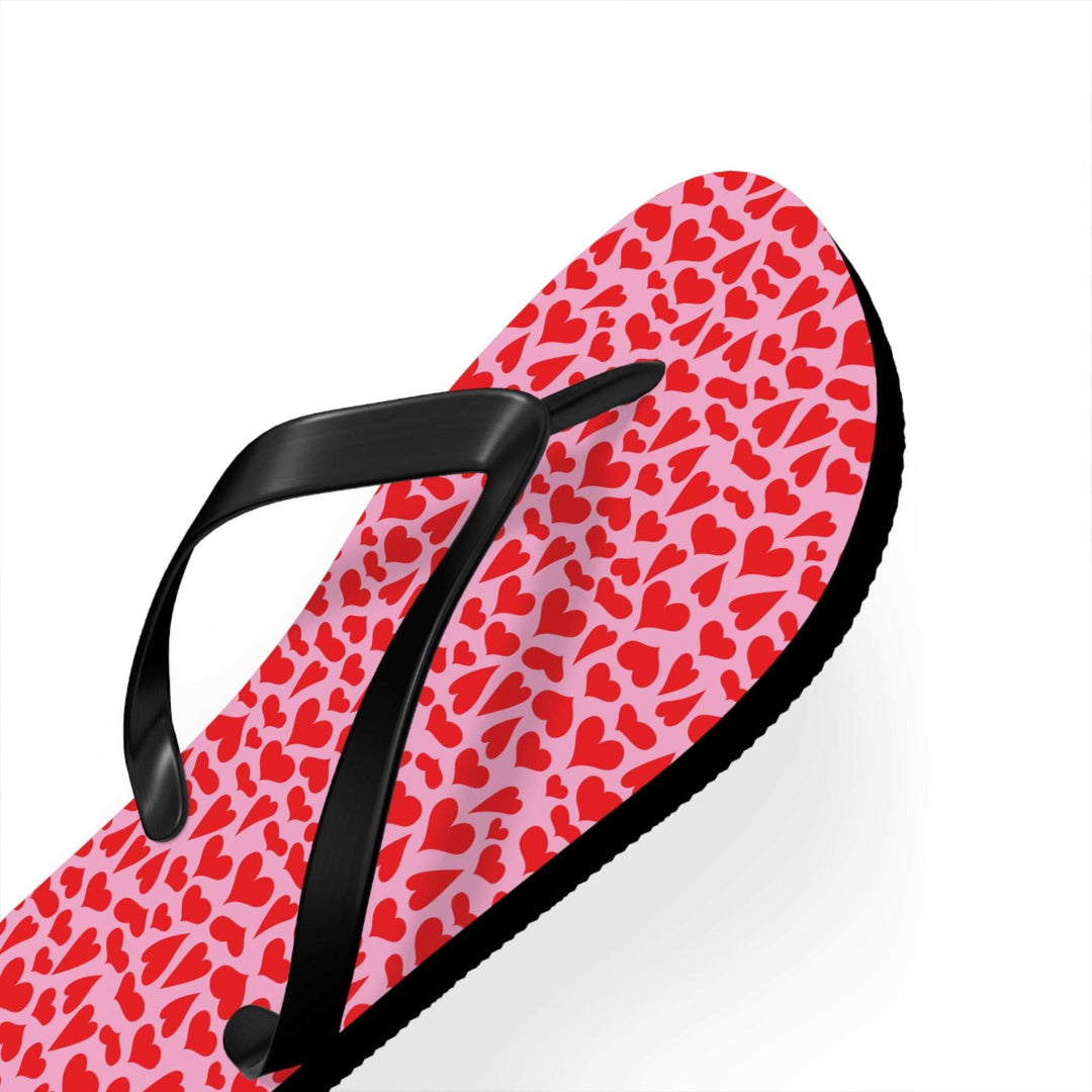 Red Hearts Flip Flops with cushioned EVA sole and black PVC strap