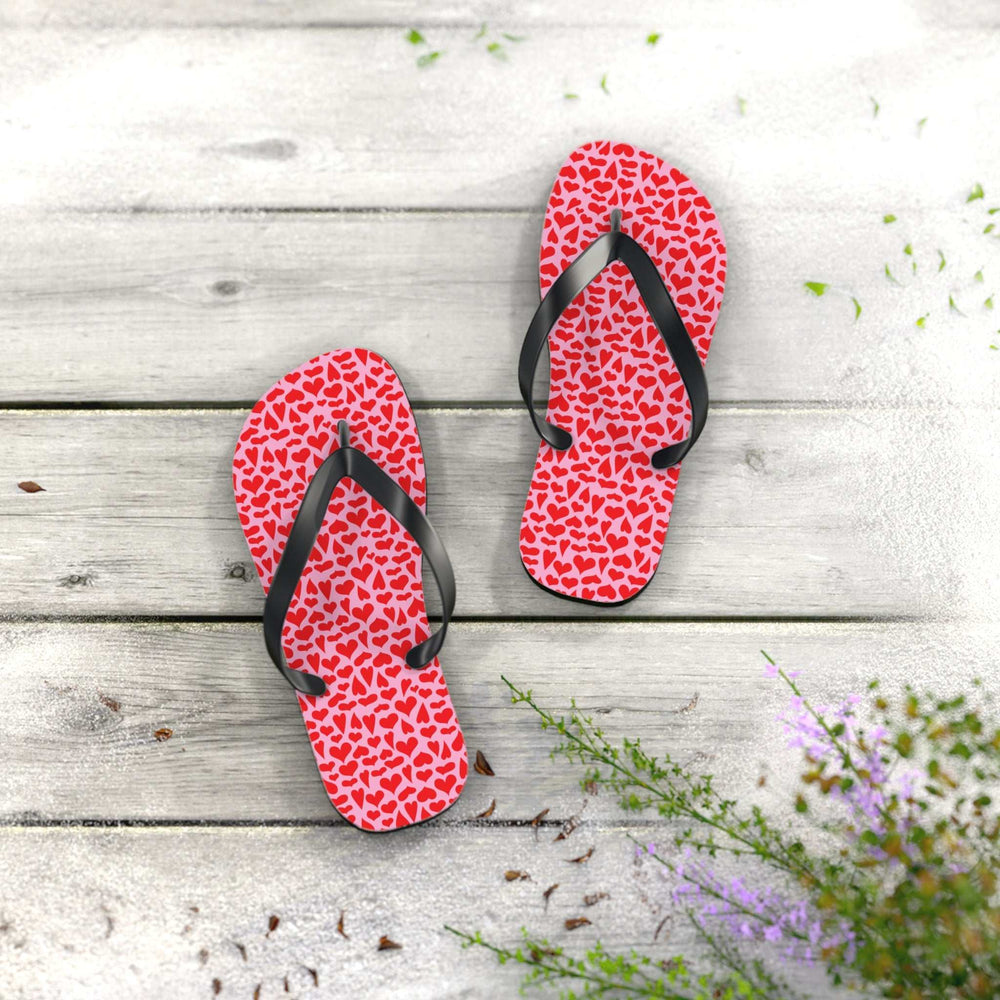 Red Hearts Flip Flops with cushioned red heart pattern sole