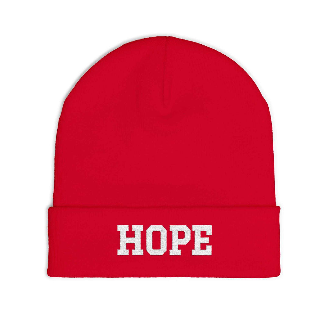 Red knit beanie with white "HOPE" text, cotton blend, warm and comfortable design