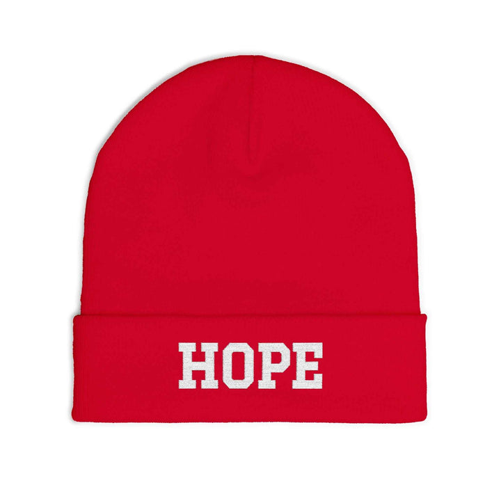 Red knit beanie with white "HOPE" text, cotton blend, warm and comfortable design
