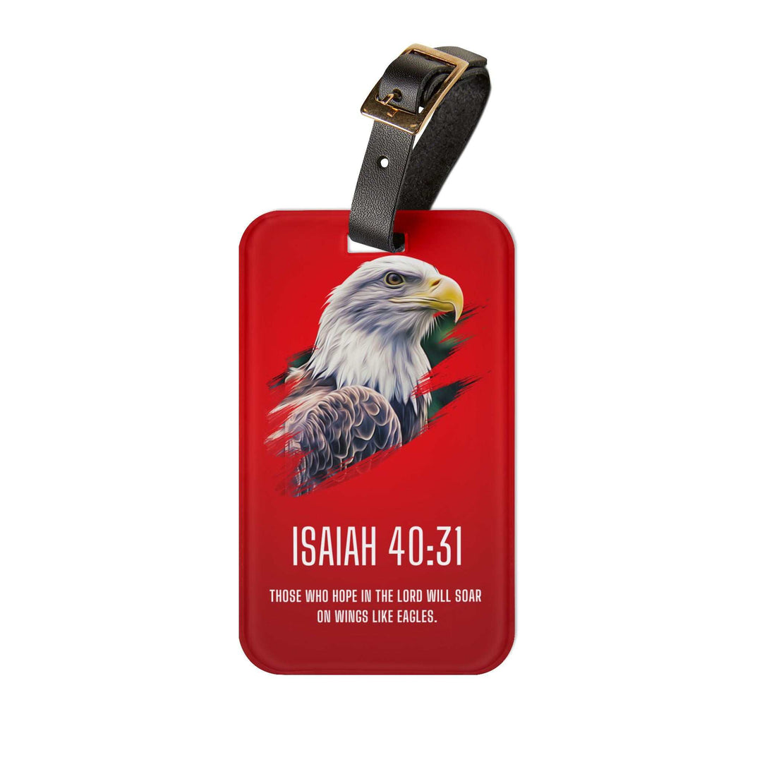 Isaiah 40:31 luggage tag with eagle design and inspirational Bible verse on red background