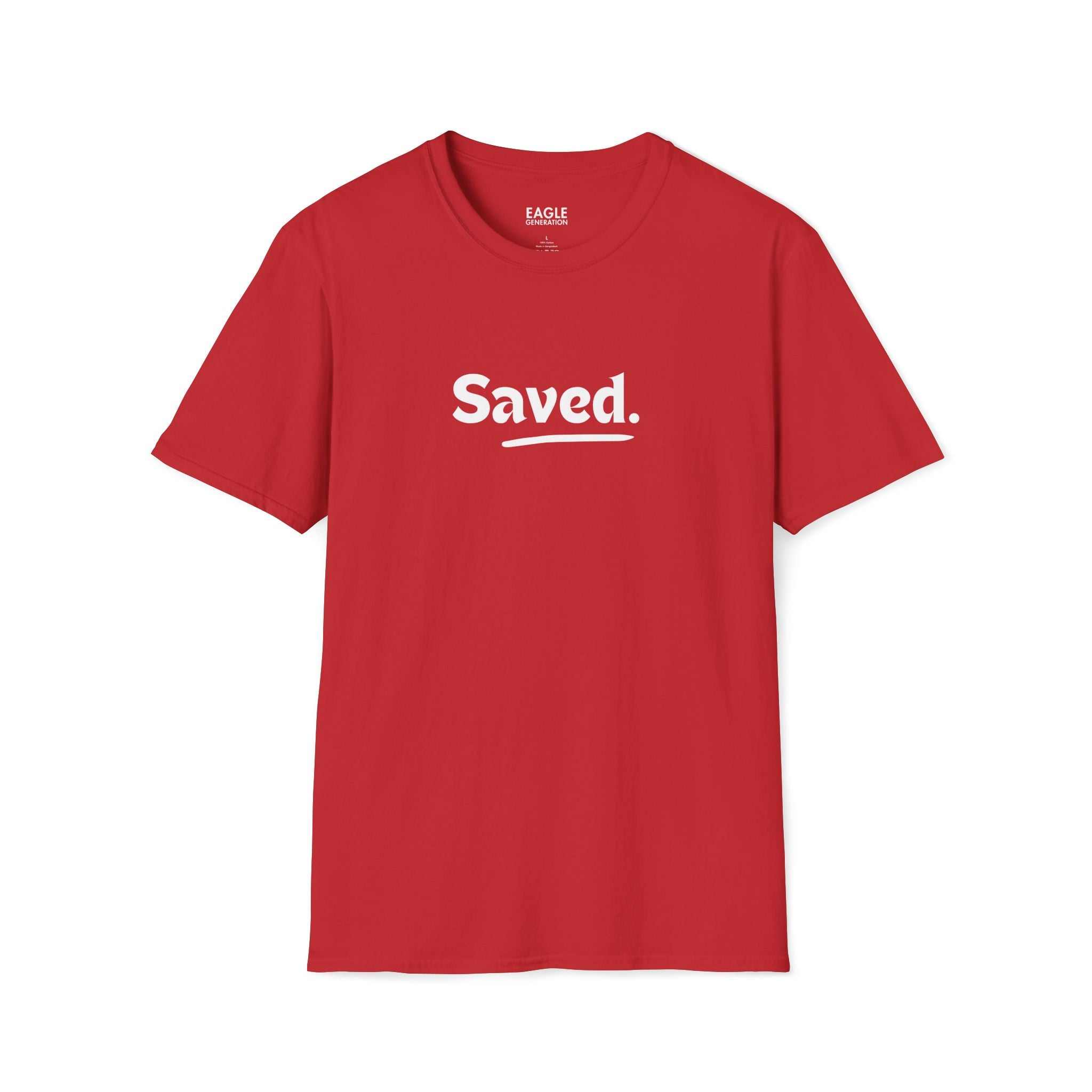 Red Saved T-Shirt with white text, classic fit, 100% cotton, tear-away label, faith-inspired design