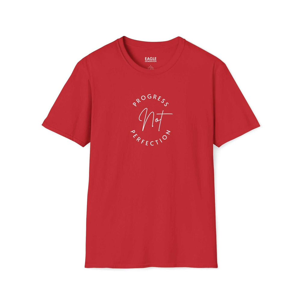 Red unisex soft-style Progress T-Shirt with "Progress Not Perfection" text in white, made from 100% cotton for comfort and durability