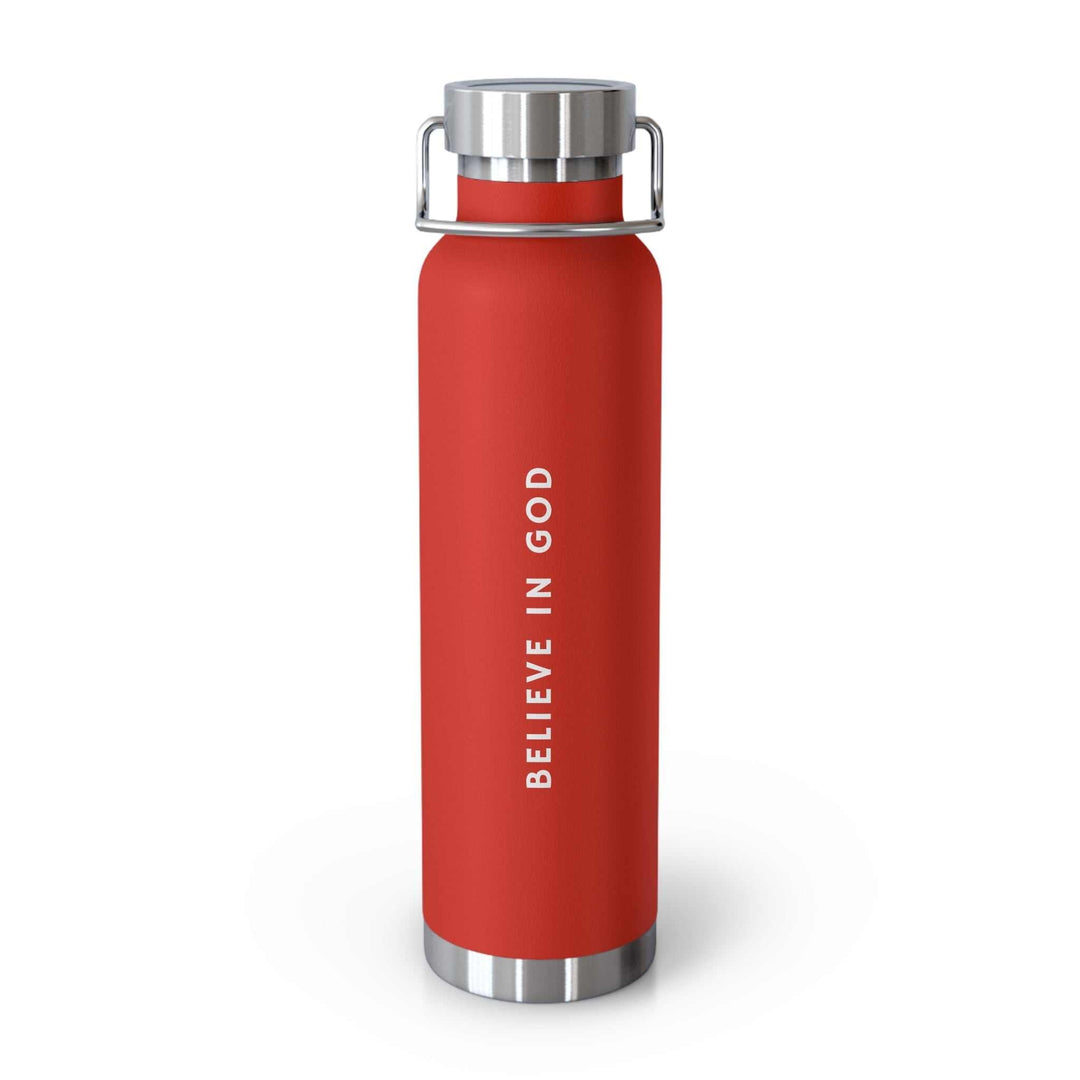 Red Believe in God bottle with spill-proof stainless steel lid and motivational text design