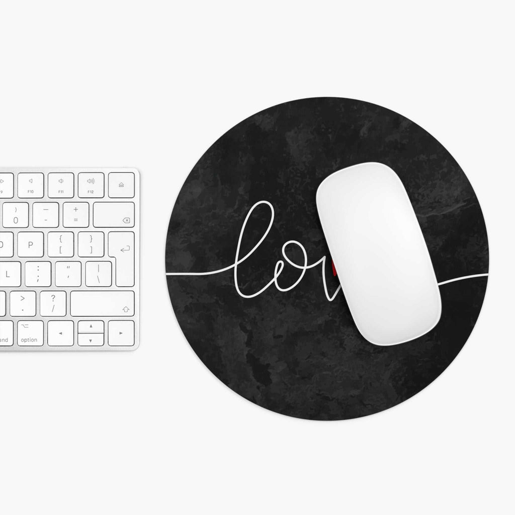 Round black Love Mouse Pad with white cursive lettering