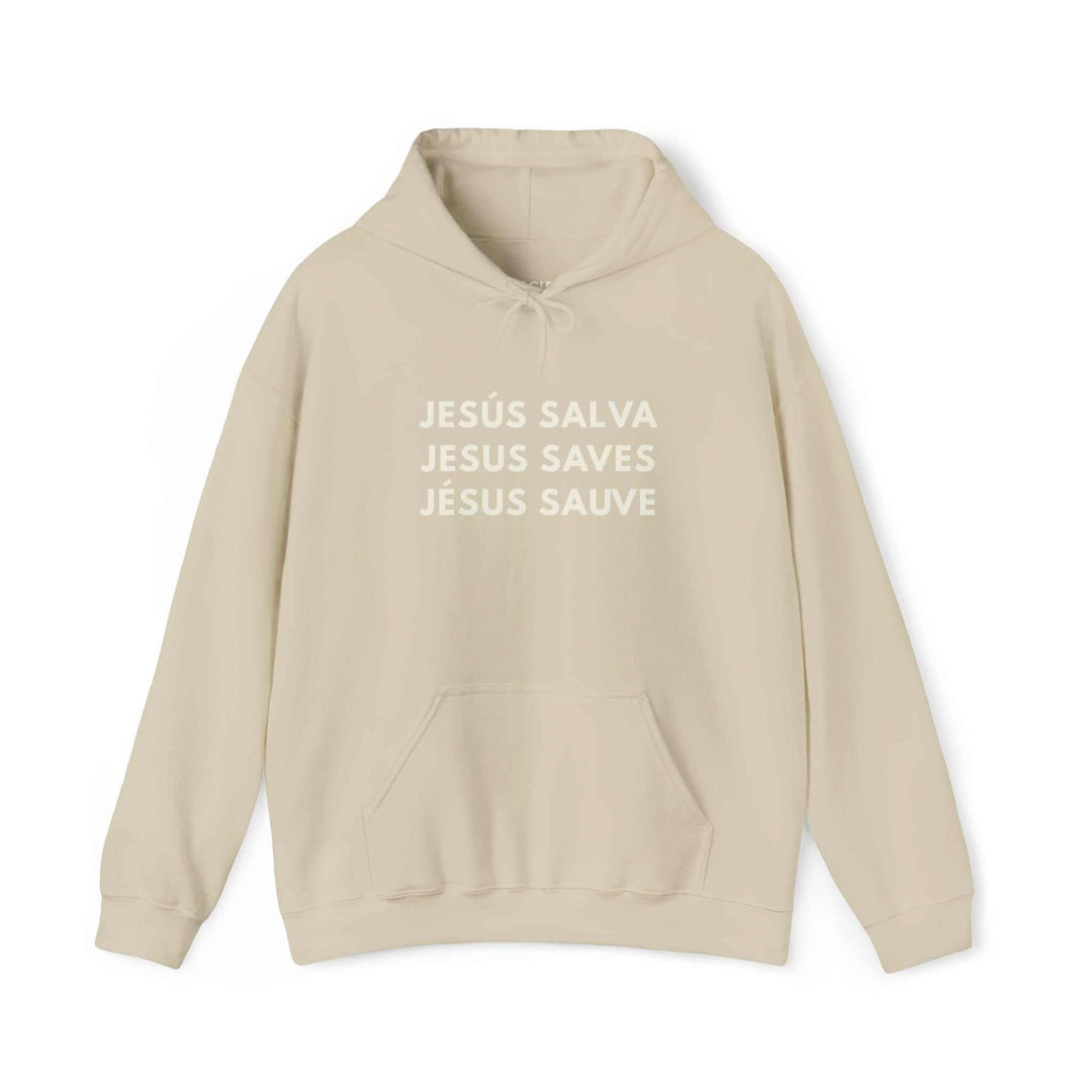 Beige Jesus Saves hoodie with front kangaroo pocket and faith-inspired text print in multiple languages