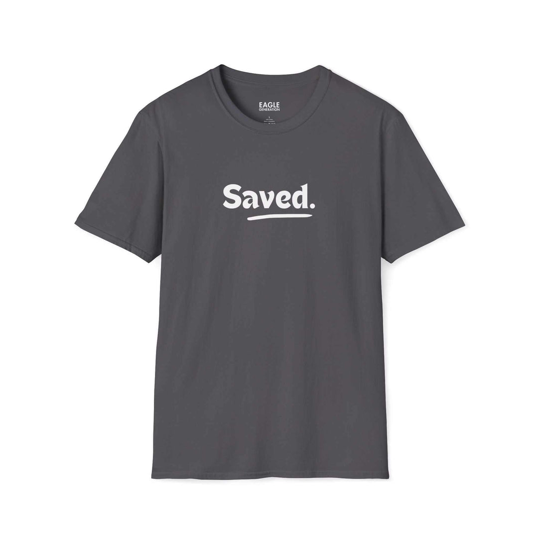 Unisex soft-style Saved T-Shirt in dark grey with crew neck and "Saved." text printed on front, made of 100% cotton for comfort and durability.