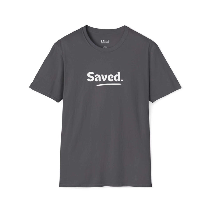 Unisex soft-style Saved T-Shirt in dark grey with crew neck and "Saved." text printed on front, made of 100% cotton for comfort and durability.