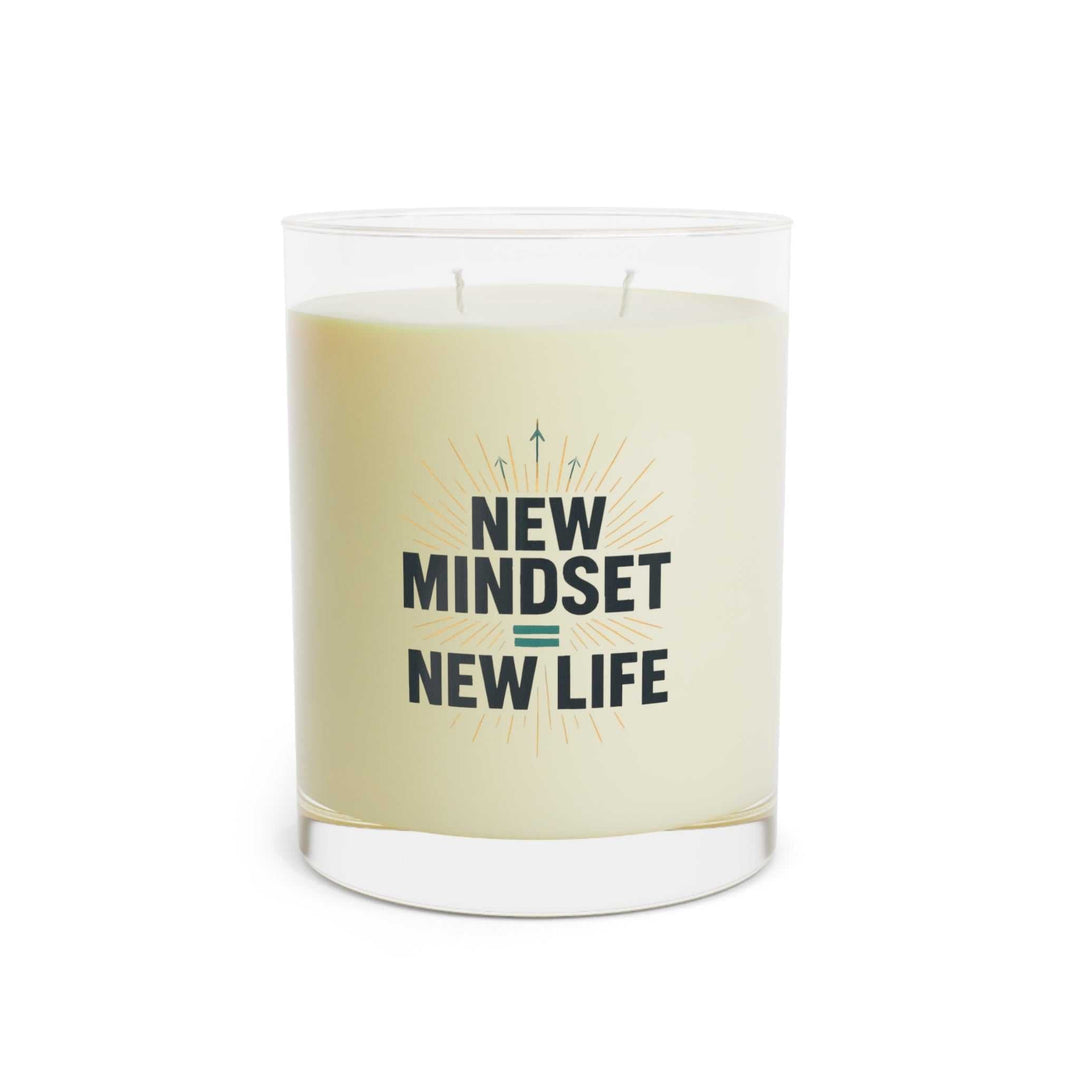 Scented candle in clear glass jar with "New Mindset = New Life"