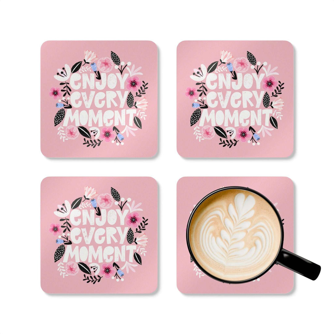 Set of four pink Corkwood Coasters with floral designs