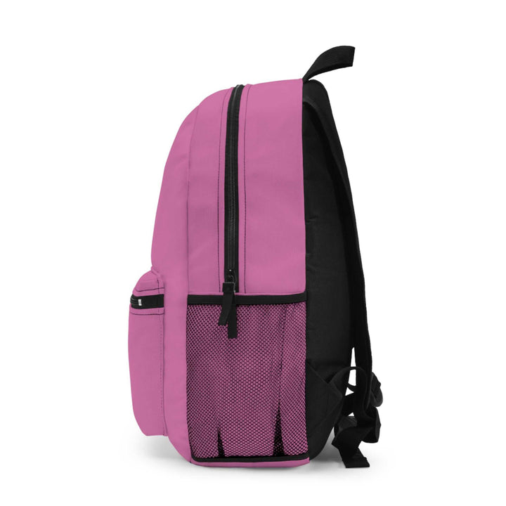 Side view of pink and black Dream Big Backpack