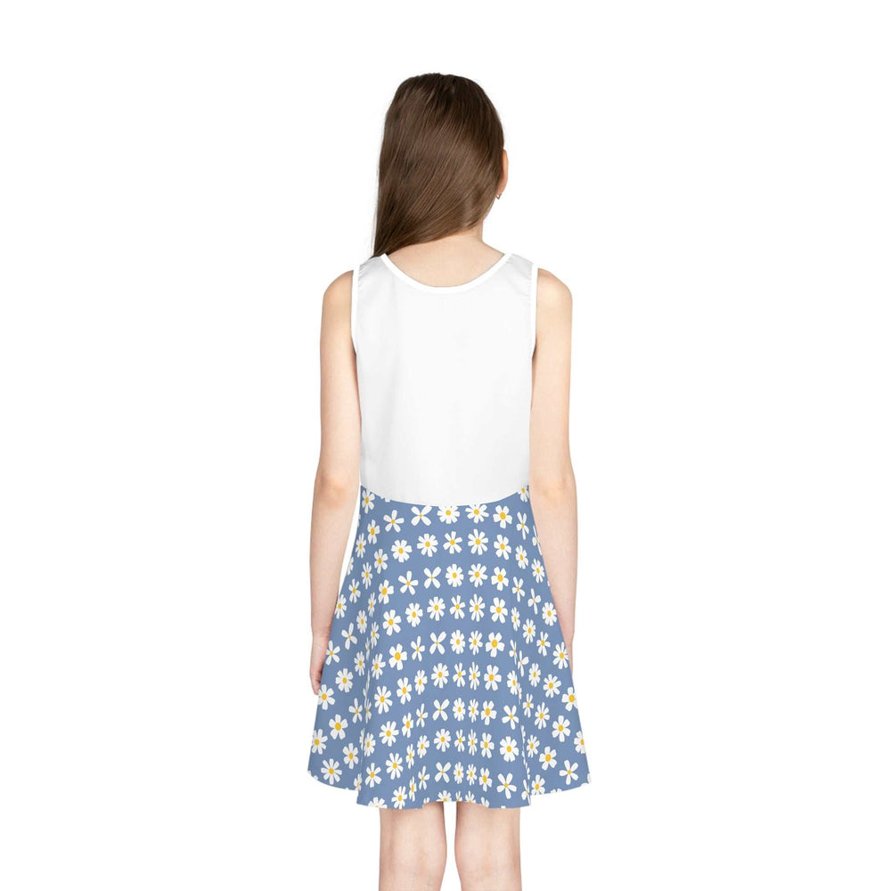 Girl wearing blue and white sleeveless sundress with daisy print and A-line mid-length skirt, back view
