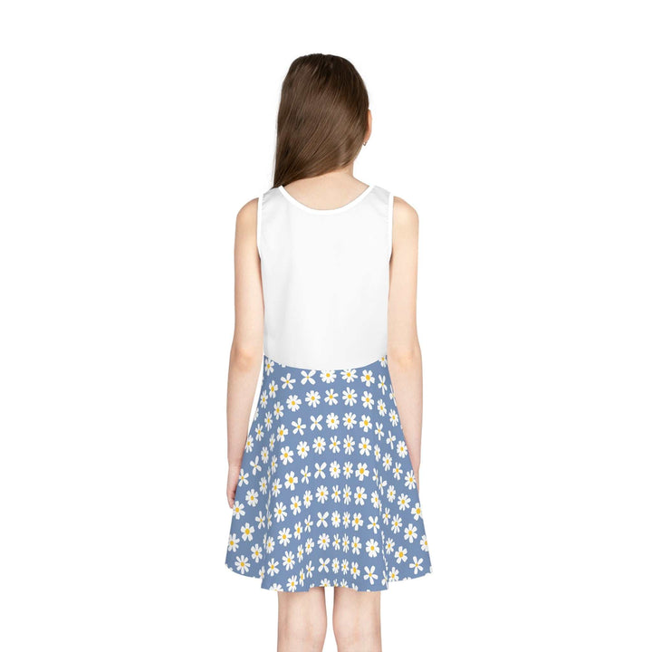 Girl wearing blue and white sleeveless sundress with daisy print and A-line mid-length skirt, back view