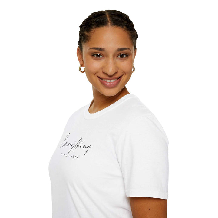 Smiling woman wearing a white Limitless Possibilities T-Shirt