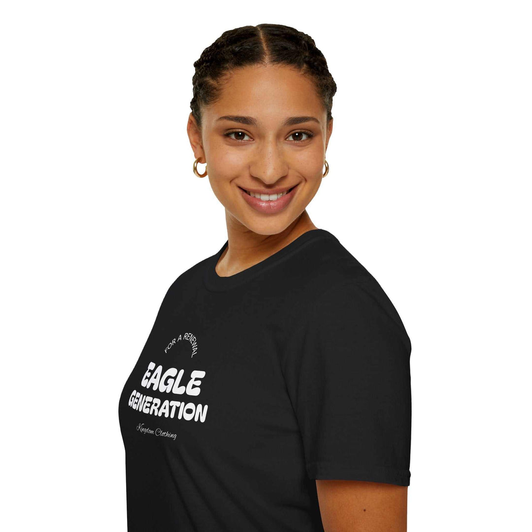 Smiling woman wearing black Eagle Generation T-Shirt with white text