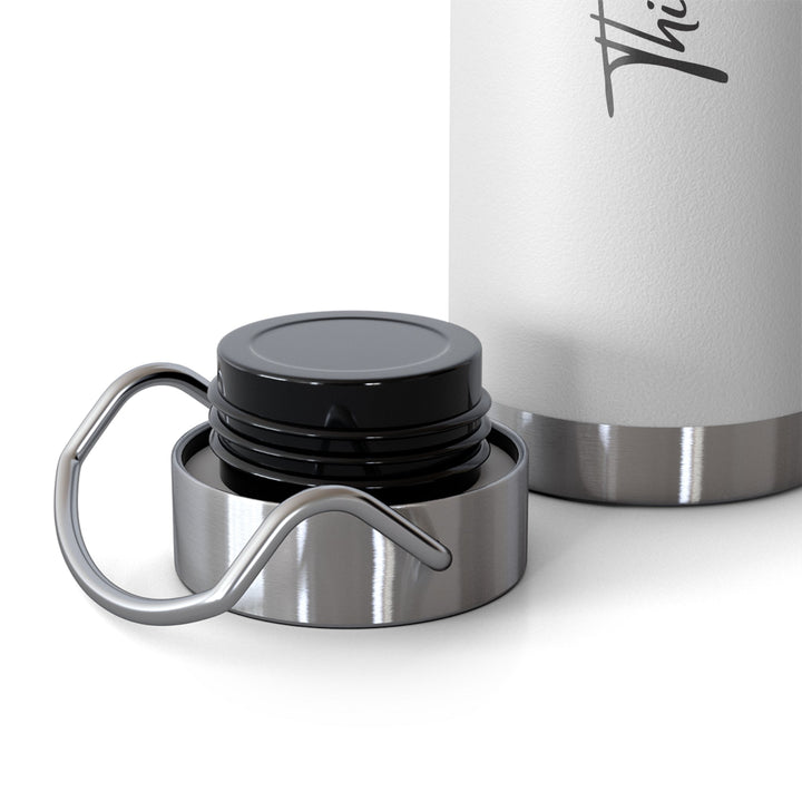 White Positive Mindset bottle with black screw cap and stainless steel handle, spill-proof and durable design